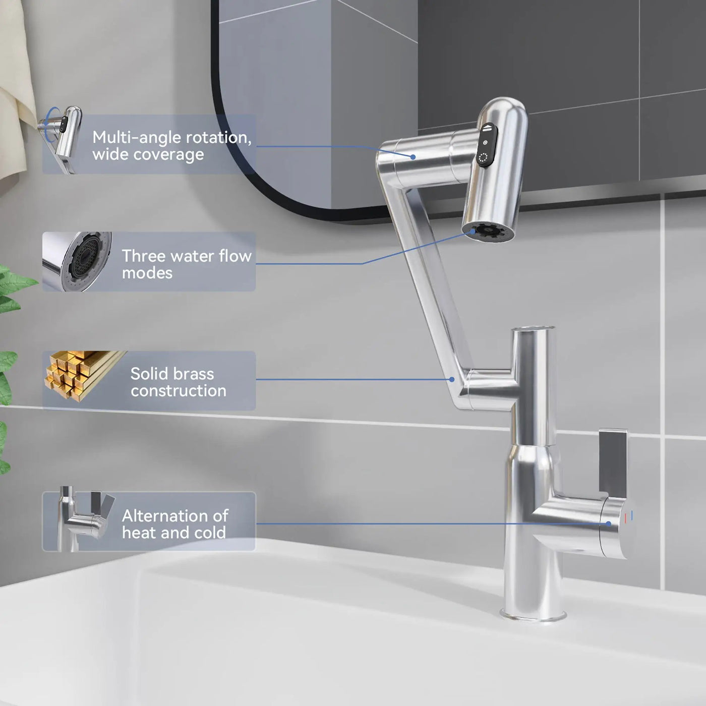 Bathroom Sink Faucet With Spray Function And Temperature Display, Anti Skid Switch, 360 Degree Rotary by HouseOfZazla
