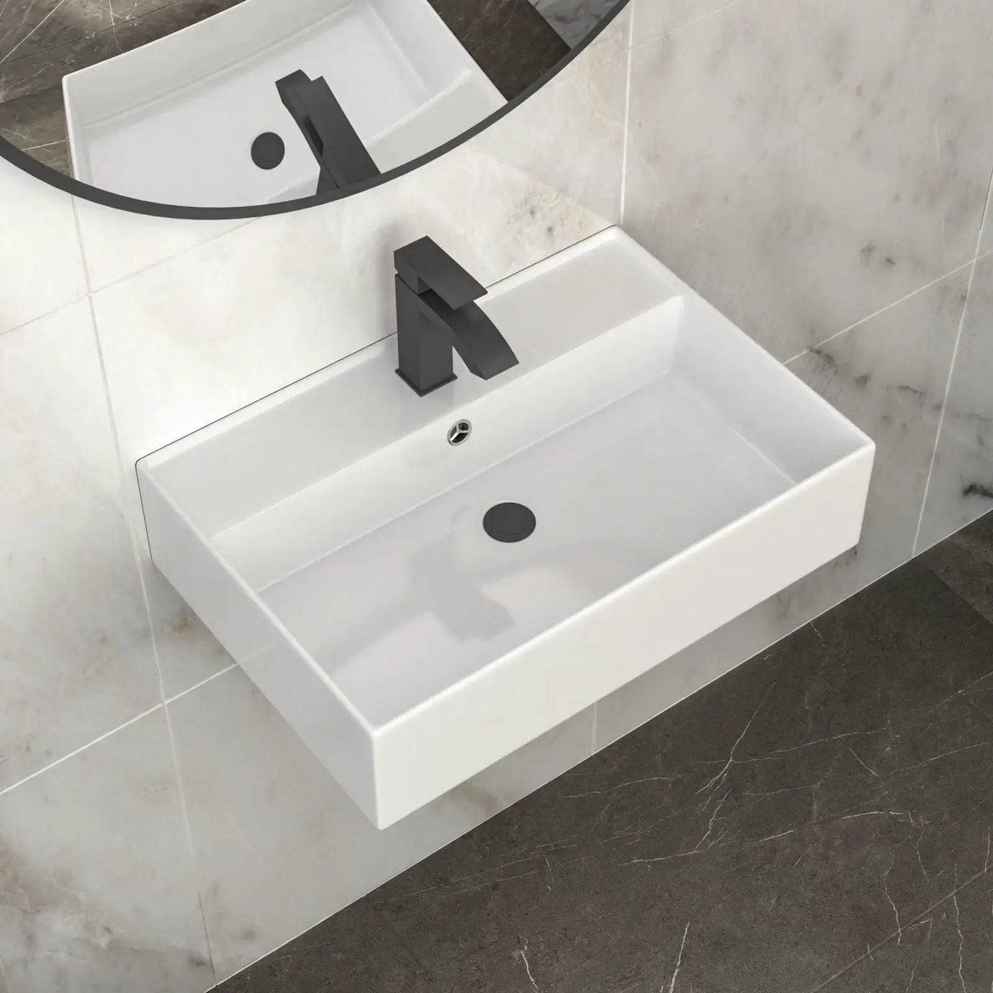 Modern Ceramic Rectangular Wall Mounted Bathroom Sink With Faucet Hole & Overflow by HouseOfZazla