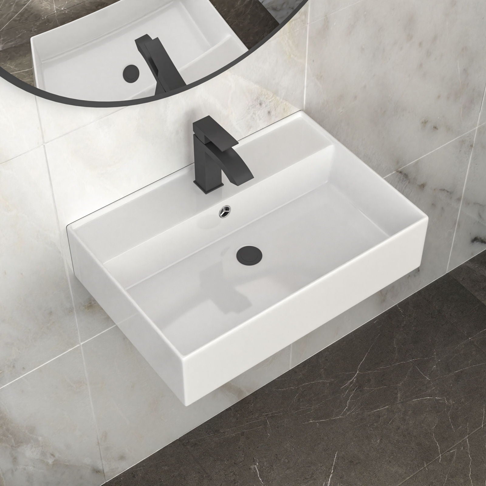Modern Ceramic Rectangular Wall Mounted Bathroom Sink With Faucet Hole & Overflow by HouseOfZazla
