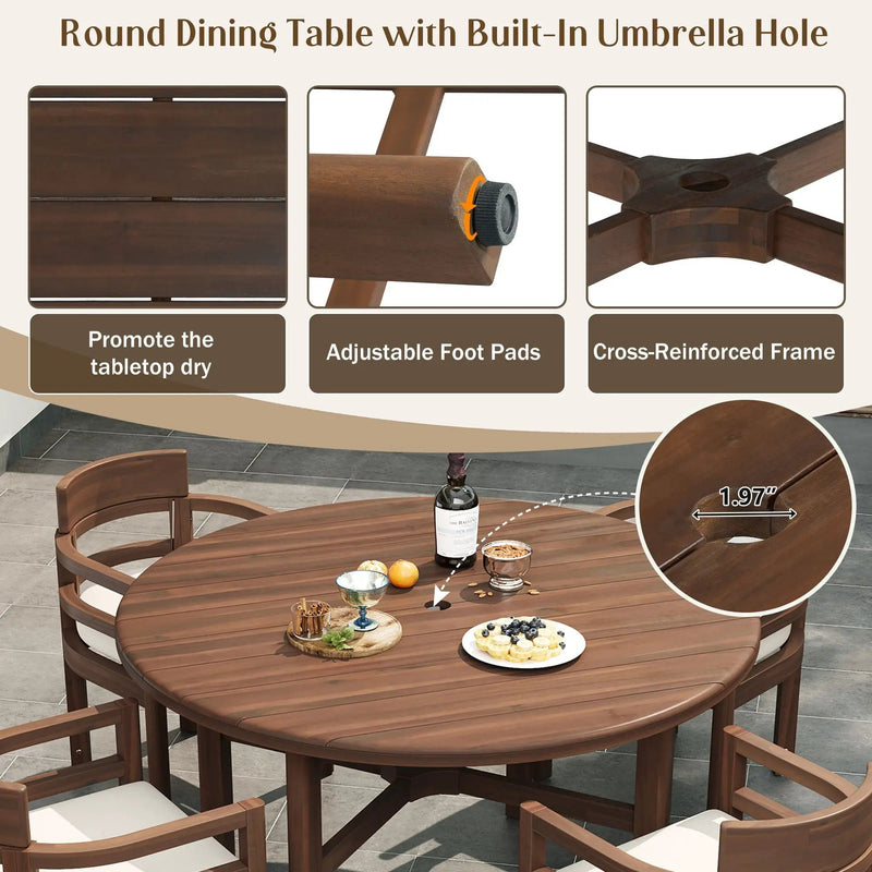 5 Piece Round Patio Table & Cushioned Armrest Chairs, Outdoor Dining Set With Umbrella Hole by HouseOfZazla