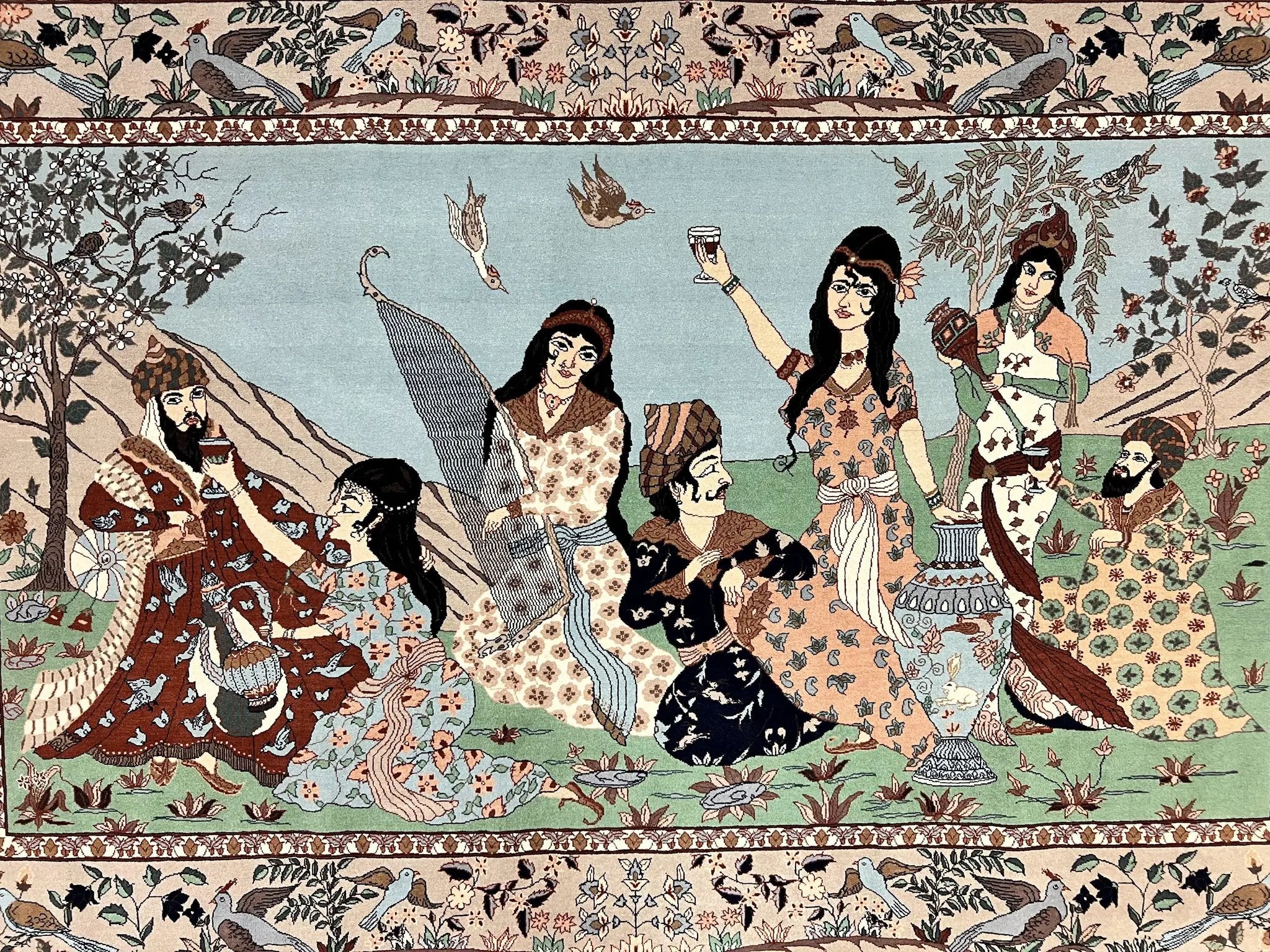 Indo Persian Pictorial Rug 4x7, Handmade Hand Knotted Wool Semi Antique Horizontal Carpet, Men & Women Drinking, Fine Rug, Bird Pictorials by Jewel Rugs