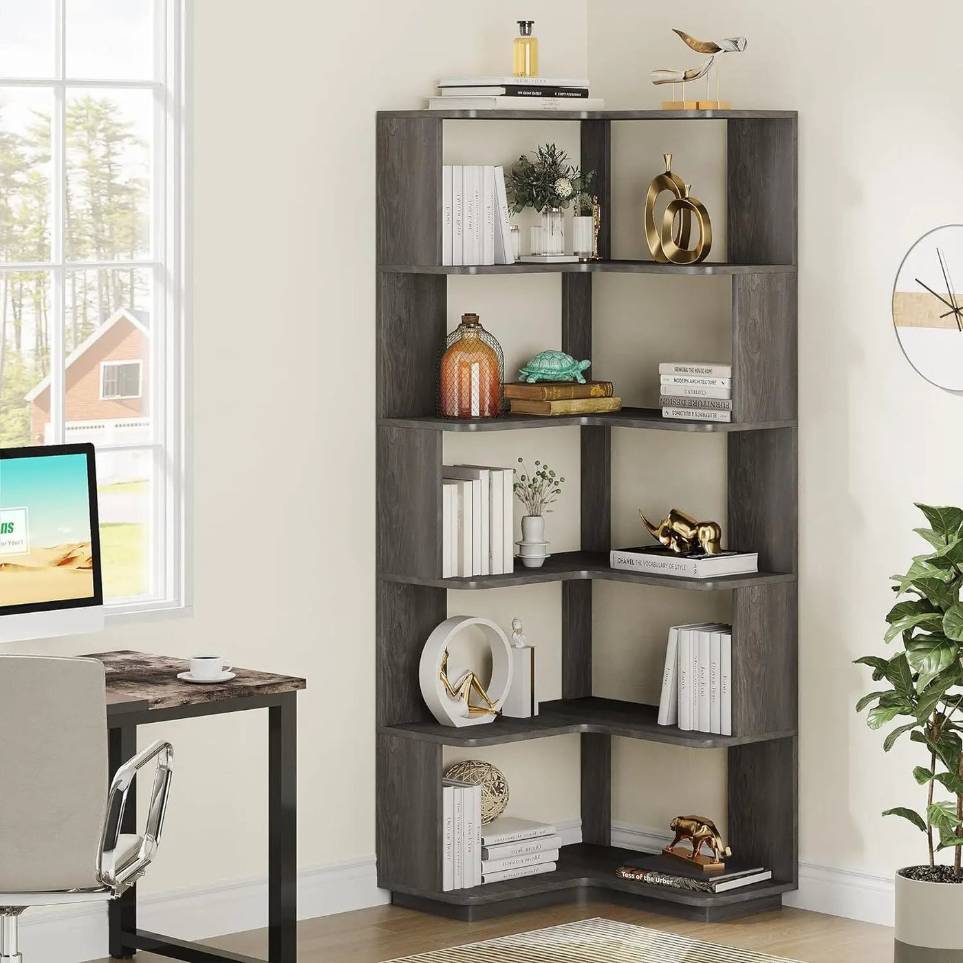 6 Tier Corner Bookshelf, L-Shaped Freestanding Shelf With Anti Drop Panels by HouseOfZazla