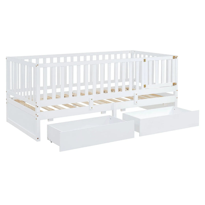 Daybed With Fence Guardrails And 2 Drawers, Split Into Independent Floor Bed & Daybed by HouseOfZazla