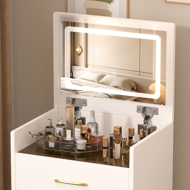 Compact 3 In 1 Vanity Desk With Open Top Mirror, Glass Desktop - White, photo 6 of 11