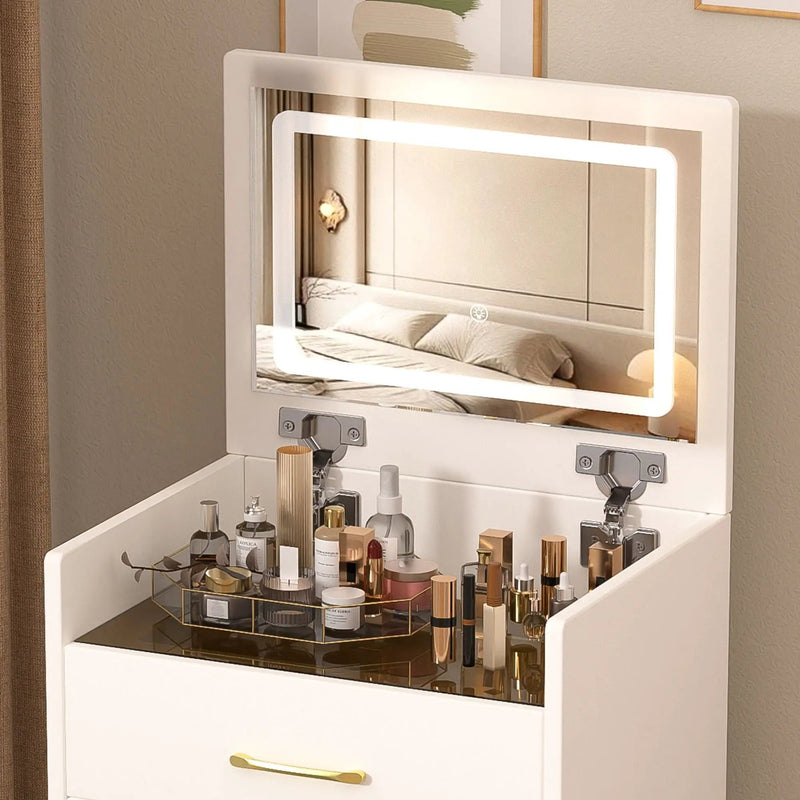 Compact 3 In 1 Vanity Desk With Open Top Mirror, Glass Desktop, 5 Height - White by HouseOfZazla