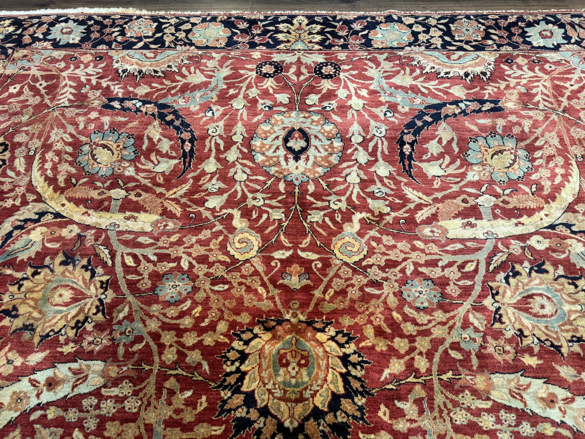 Indian Agra Rug 9x11, Terracotta and Navy Blue, Sickle Leaf Rug by Jewel Rugs