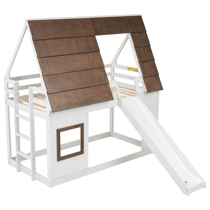 Wood Twin Size House Bunk Bed with Roof, Ladder and Slide - White / Brown