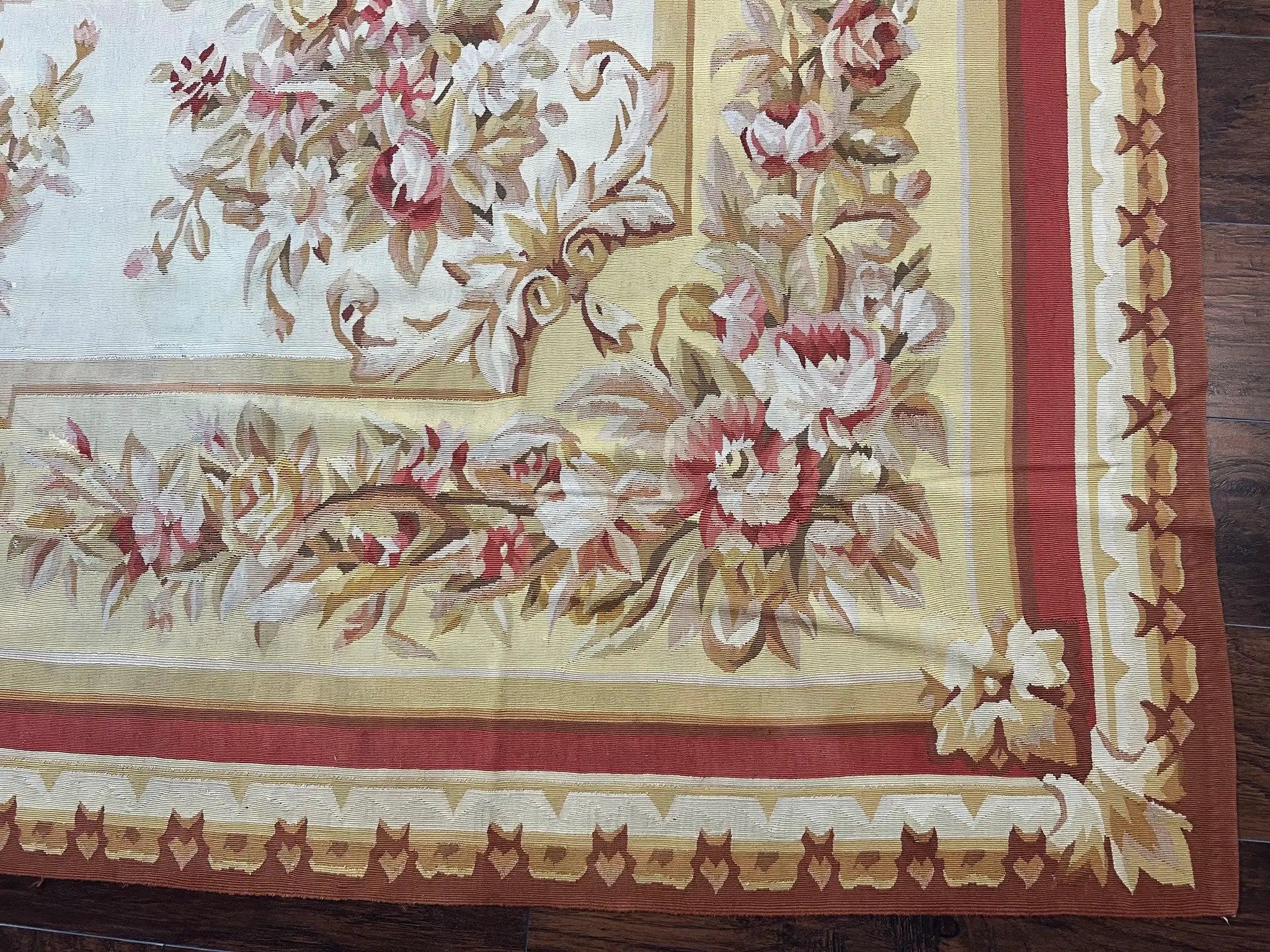 Aubusson Rug 9x12, Elegant Flatweave Savonnerie Carpet 9 x 12 ft, Ivory Light Yellow Red, Handmade Wool Flatweave French European Rug by Jewel Rugs