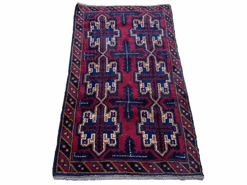 2' 7" X 4' 6" Vintage Handmade Tribal Wool Rug Balouchi Rug Afghan Rug Red Blue by Jewel Rugs
