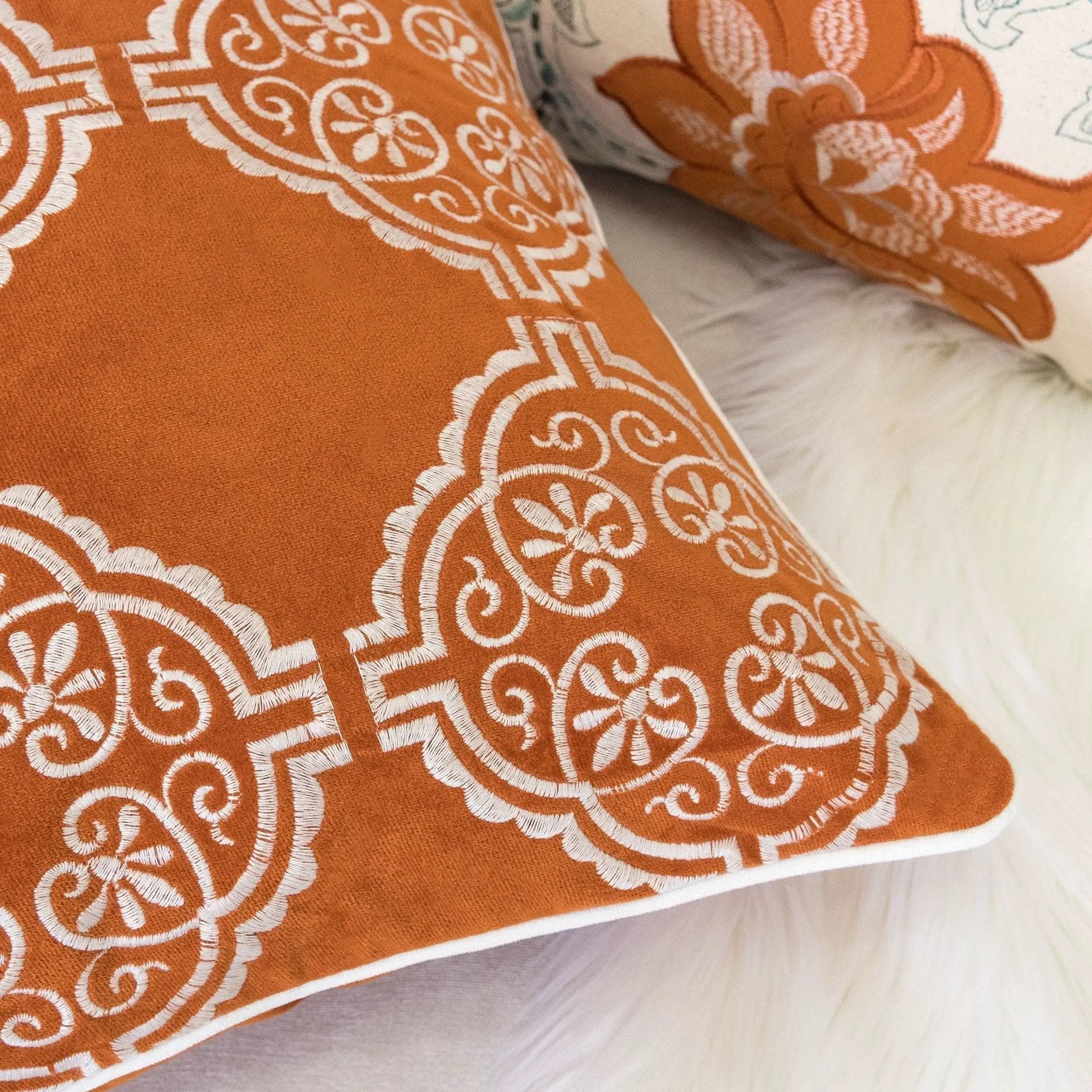 Burnt Orange Damask Embroidered Throw Pillow by HouseOfZazla