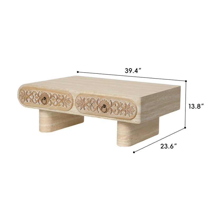 Rounded Edge Coffee Table with Flower Pattern Solid Wood Drawer by HouseOfZazla