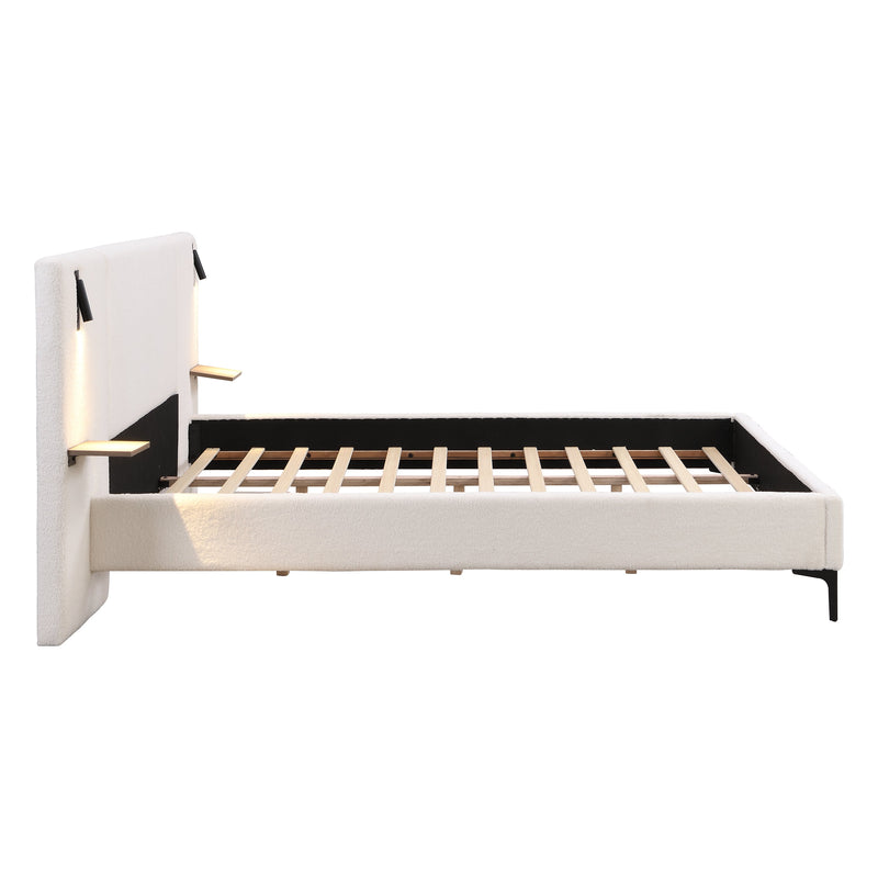 Chic Boucle Upholstered Bed with Integrated Lights and Shelves, photo 10 of 10