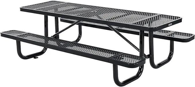 Global Industrial 8’L Rectangular Picnic Table, Expanded Metal, Black Thermoplastic Coating, Attached Benches, 1-1/2” Umbrella Pole Hole, Outdoor-Rated, 1000 lb Capacity, 96” x 30” Tabletop by GreenHaven Gardens