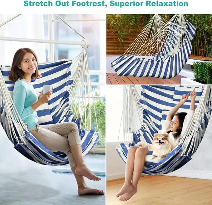 Hammock Chair, Hanging Chair with 3 Cushions and Foot Rest Support, Sturdy Metal Spreader Bar Max 440 Lbs, Swing Chair for Bedroom, Indoor & Outdoor, Patio, Porch or Tree（Blue and White） by GreenHaven Gardens