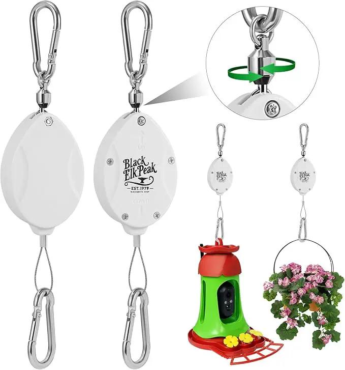 Plant Pulleys for Hanging Plants, Heavy Duty Retractable Hangers, 304 Stainless Steel Rope, Auto Plant Holder, Adjustable Climbing Hook for Garden Baskets Watering, or Bird Feeders 2PC (White) by GreenHaven Gardens