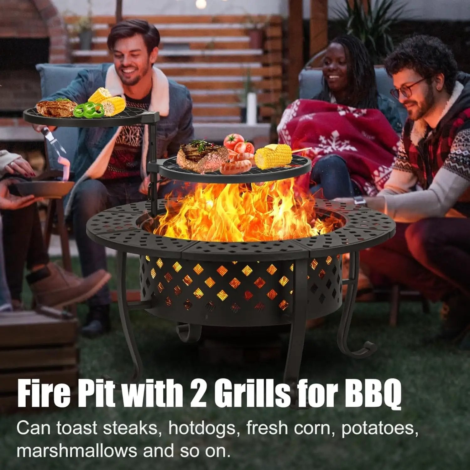 36 Inch Fire Pit with 2 BBQ Grills, Wood Burning Fire Pits for Outside with Lid & Fire Poker, BBQ& Outdoor Firepit & Round Metal Table 3 in 1 for Patio, Picnic, Party by GreenHaven Gardens
