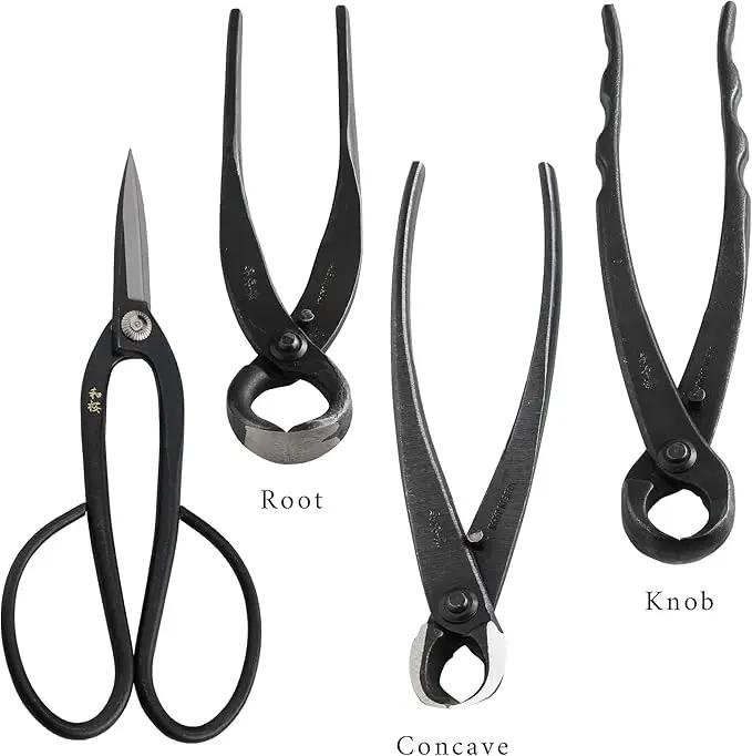 Wazakura Made in Japan 6PCS Bonsai Professional Tool Kit with Roll Bag: Yasugi Steel Ashinaga Scissor, Concave Branch Cutter, Knob Cutter, Jin Plier, Wire Cutter, Root Cutter. Bonsai Tool Set & Case