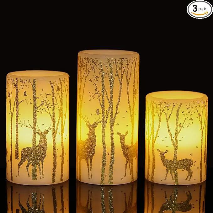 Gold Deer Flameless Candles with 6H Timer, Set of 3 Real Wax LED Flickering Candles, Christmas Pillar Candles with Gold Elk Decor for Home Party Decorations(H6 x D3) by GreenHaven Gardens