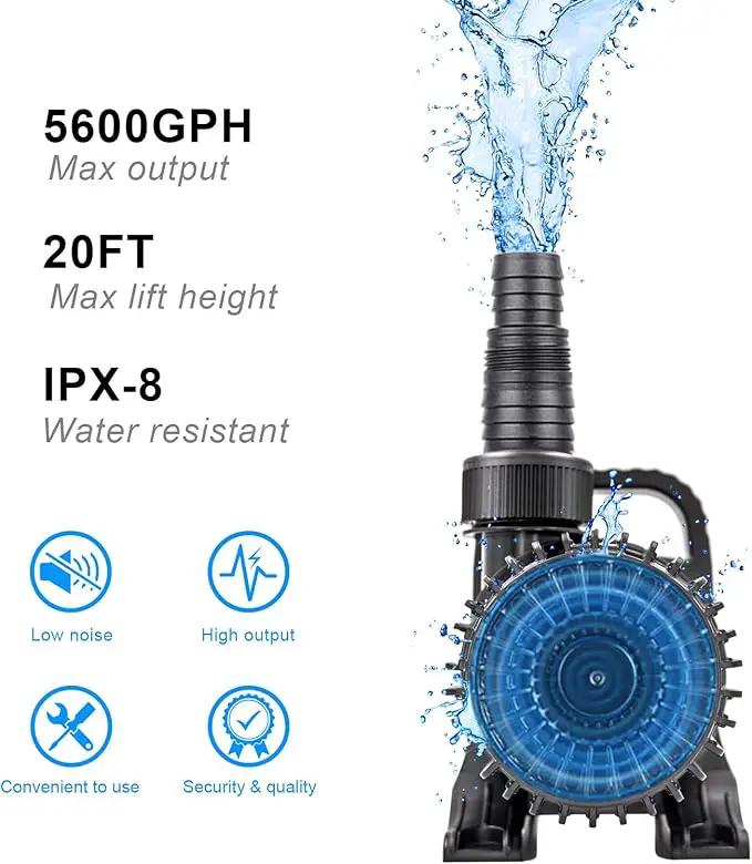 Outdoor Large 5600gph-305W 32.8FT Pond Water-fall & Kio Fish Fountain-s &Garden Pump Submersible IPX8: Long 32.8FT Cord Smart-er & Quieter Duck & Yard &Patio Ponds Pumps, 1 Barrier Pump Bag by GreenHaven Gardens
