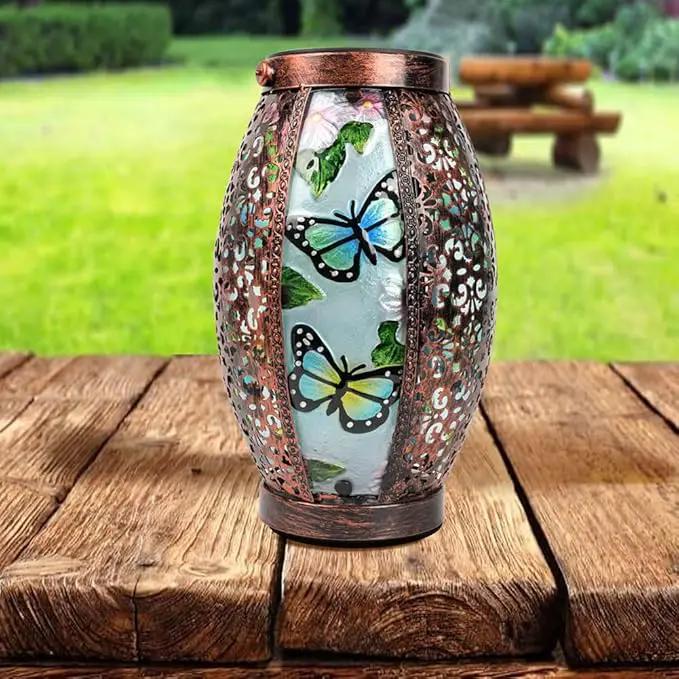 2PCS Butterfly Solar Lanterns Glass & Metal Hanging Light Outdoor Waterproof 16" H Tabletop Lamp with Hollowed-Out Design with Shepherd's Hooks for Garden Patio Table Decor by GreenHaven Gardens