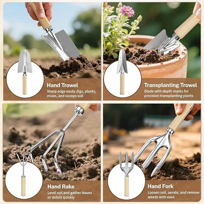 LASZOLA 9 Pcs Garden Tools Set with Tote Bag and Hand Trowel Rake Shovel, Heavy Duty Stainless Steel Gardening Kit for Outdoor Plant, Standable Portable Handbag Organizer, Ideal for Women Mom, Green by GreenHaven Gardens