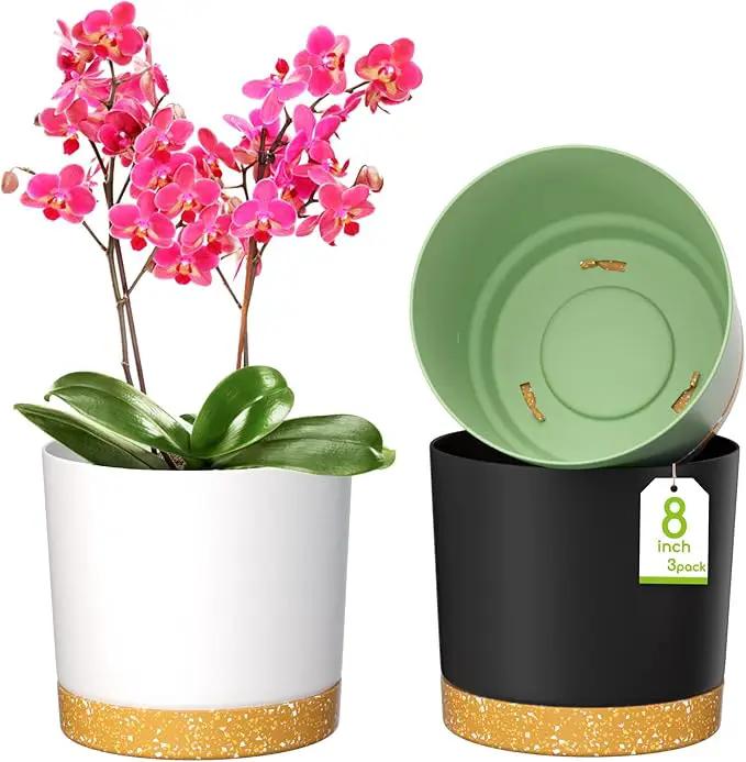 ZMTECH Plant Pots, Set of 3 8'' Self Watering Plastic Planter with Drainage Hole and Saucer, Modern Decorative Flower Pot for Indoor Outdoor House Plants, Succulents, Flowers - Dark Gray/White/Green by GreenHaven Gardens