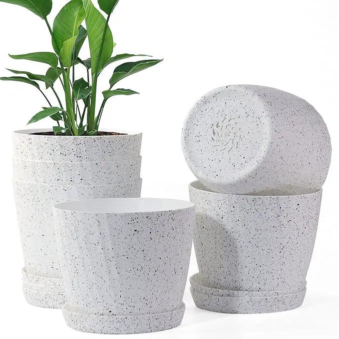 6 Inch Plant Pots Bulk, 6 Pack Plastic Planters with Drainage Holes and Saucers for Indoor Outdoor House Plants and Flowers,White Spots by GreenHaven Gardens