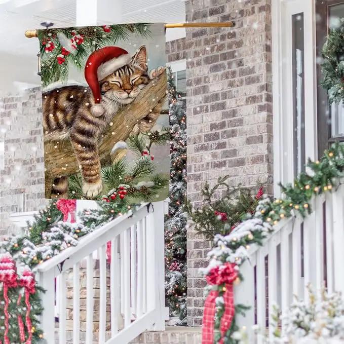 BLKWHT Winter Cat House Flag 28 x 40 Vertical Double Sided Christmas Holiday Outside Decorations Burlap Yard Flag BW738-40 by GreenHaven Gardens