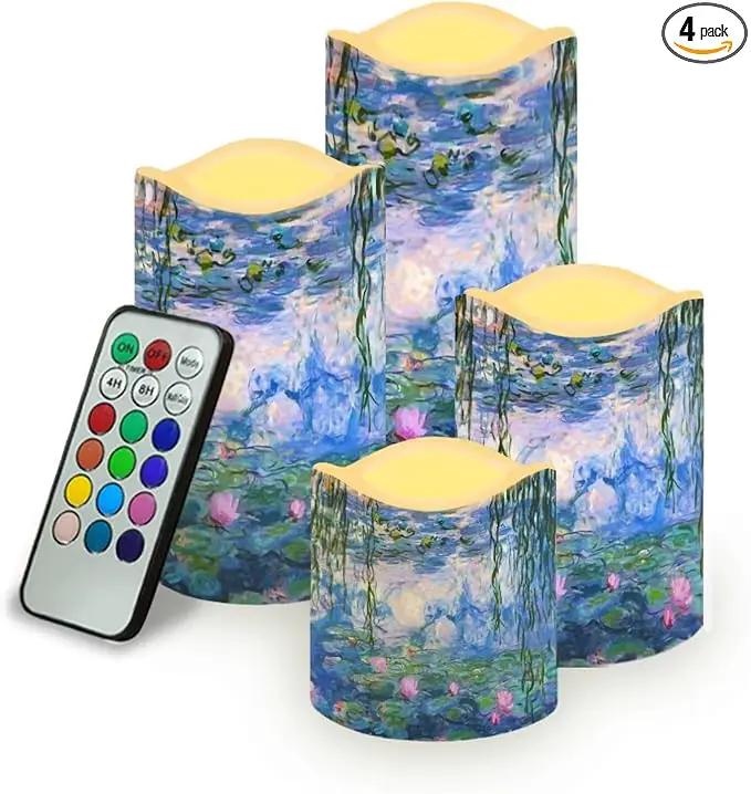 Ystardream Monet's Water Lily Flameless Candles with Timer Led Candles Flickering 4 Candle Sets for Home Decor,18 Key Remote Control，Dancing Flame, True Wax, Battery Powered. by GreenHaven Gardens