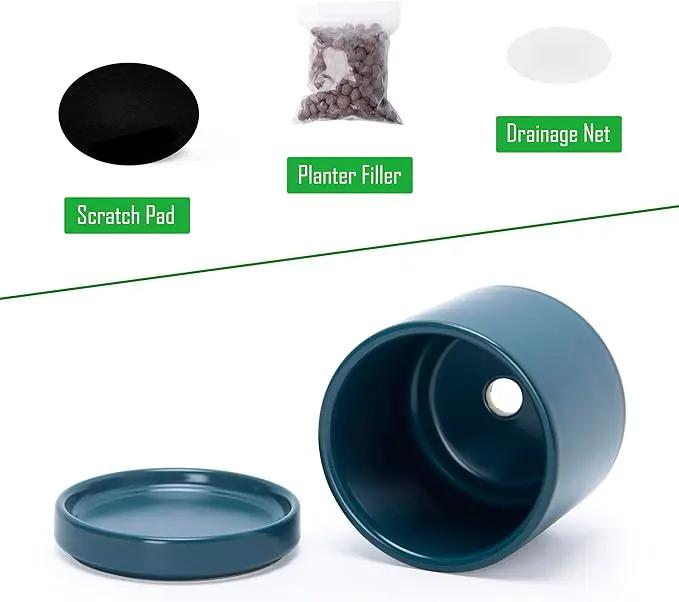 D'vine Dev 3.5 Inch & 4.7 Inch Ceramic Planter Pots for Plants with Drainage Hole and Saucer, X-Small Plant Pots Set, Teal, 94-G-XS-9 by GreenHaven Gardens