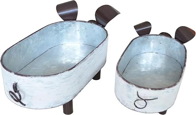 Galvanized Metal White Washed Farmhouse Pig Tray Distressed Pig Tabletop Centerpiece Décor Set of 2 by GreenHaven Gardens