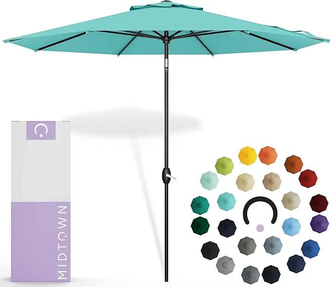 Midtown Umbrellas Sunbrella Umbrella 9 Feet Outdoor Umbrella With Sunbrella Aruba Acrylic Fabric - Auto-Tilt Aluminum Frame Patio Umbrella For Backyard, Deck, Garden, Pool - Black Pole by GreenHaven Gardens