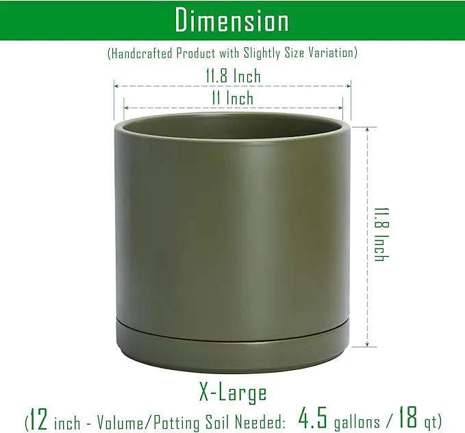 D'vine Dev 12 Inch Ceramic Planter Pot with Drainage Hole and Saucer, Indoor Cylinder Round Planter Pot, Olive, 94-O-F-J by GreenHaven Gardens