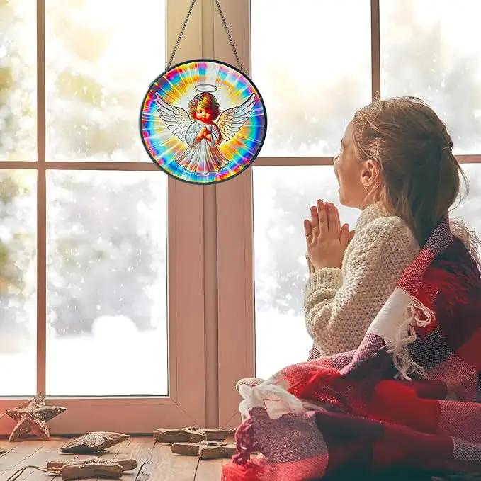 Praying Angel Decor Handmade Stained Glass Suncatcher - Rainbow Maker Stained Glass Suncatchers W/Metal Chain - Spiritual Angelic Gift for Women Christmas Thanksgiving Housewarming Gifts by GreenHaven Gardens