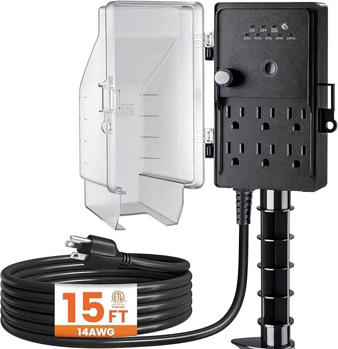 SURAIELEC Outdoor Power Stake, Dusk to Dawn Light Timer, 15FT Extension Cord Multiple Outlet; 6 Electrical Outlet Power Strip Weatherproof, for Patio Lights, Sprinkler, Garden, Christmas Decorations by GreenHaven Gardens