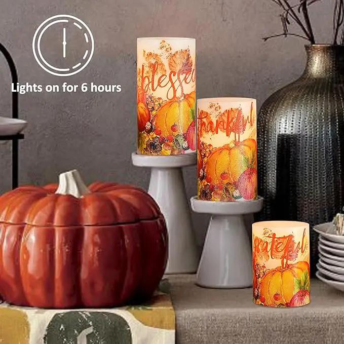 Thanksgiving Blessings LED Candles Pumpkin Glitter Desgin Real Wax Flickering Flameless Fall Harvest Battery Operated with Remote Timer 6H for House Warming Gifts New Home Table Tary Decor by GreenHaven Gardens