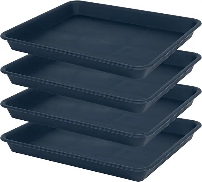 4 Pack Plant Saucer Tray Rectangular, Plant Saucers for Indoors, Heavy Sturdy Plastic Plant Drainage Trays, Plant Drip Trays for Pots, Seed Starter Growing Tray (11 x 9 inch, Blue) by GreenHaven Gardens