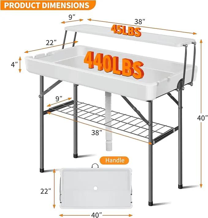 Portable Folding Ice Cooler Table - 2 Tier Outdoor Cooler Table with Removable Matching Skirt and Shelf, Ice Tables for Party, Camping, Picnic, Foldable Self-Serving Beverage Cooling Bar(White) by GreenHaven Gardens