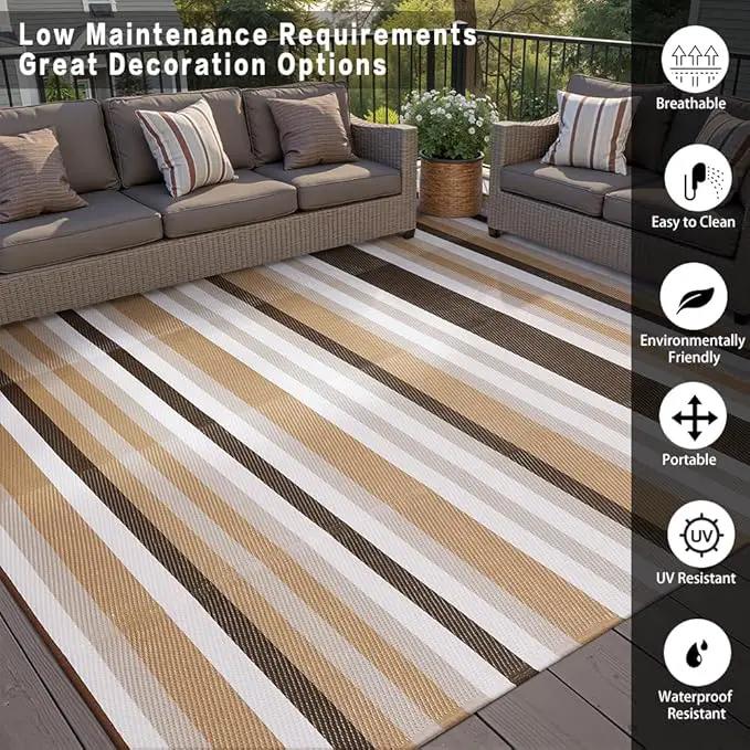 Outdoor Waterproof Rug 6'x9' Plastic Straw Rugs Washable Reversible Floor Mat Brown Stripe Carpet for Camping RV Deck Entryance Porch Picnic Balcony Beach Backyard by GreenHaven Gardens