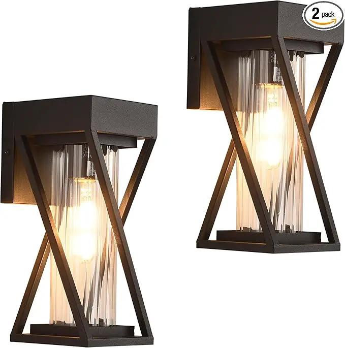 Outdoor Wall Lights Set of 2, Exterior Sconce Lighting Fixtures, Black Outdoor Porch Lights, Outdoor Wall Lantern with Clear Stripe Glass for Patio, Garage by GreenHaven Gardens