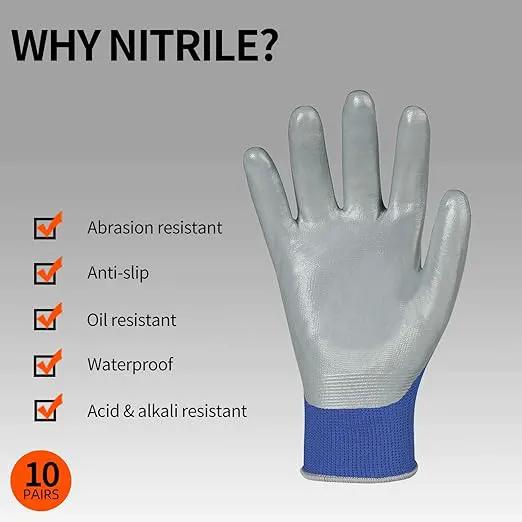 Vgo... 10-Pairs Safety Work Gloves, Gardening Gloves, Non-slip Nitrile coating, Dipping Gloves (Size L, Blue, NT2110) by GreenHaven Gardens