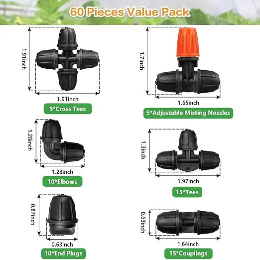 Upgraded 1/4" Drip Irrigation Fittings：60 Pieces Set-15 Couplings 15 Tees 5 Crosses 10 Elbows 10 End Plugs 5 Micro Dripper, Leak Free Barbed Locked Connectors for 1/4 Inch Irrigation Tubing by GreenHaven Gardens
