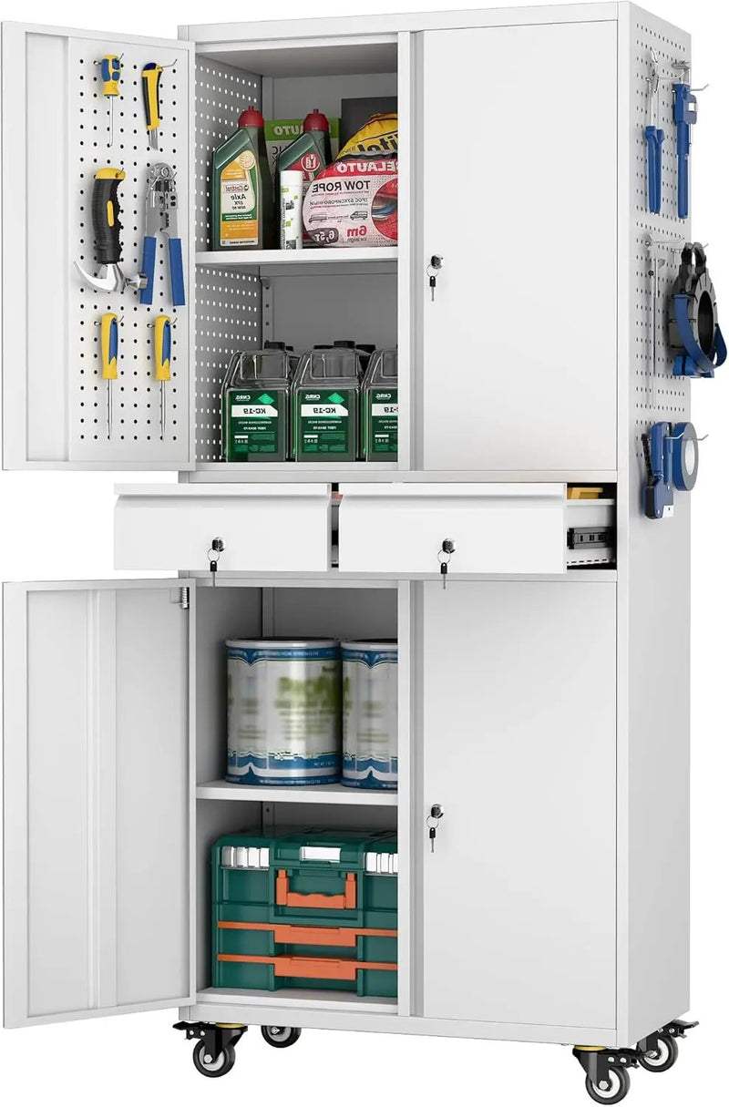 Aobabo Metal Storage Cabinet with 2 Locking Drawer and Pegboard, Steel Rolling Tool Cabinet with 8 Hooks and 2 Adjustable Shelves for Garage, Home, Office, Kitchen Assembly Required, White by GreenHaven Gardens