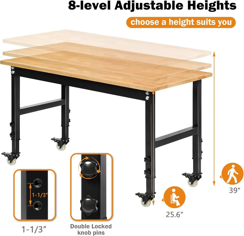 48" Heavy-Duty Adjustable Workbench for Garage, Rubber Wood Shop Table W/Metal Wheels, Hardwood Workstation Weight Capacity Over 2000 Lbs with Wheels by GreenHaven Gardens