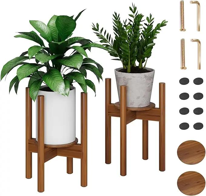 2 Pack Adjustable Plant Stand, Bamboo Plant Stand Indoor with Tray, Wood Plant Stand for 8 to 12 inches Flower Pots, Single Mid Century Modern Plant Stand for Indoor Plants, Walnut by GreenHaven Gardens
