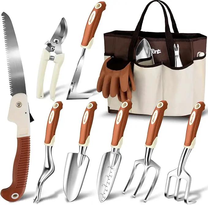 MelonArt Garden Tool Set,10 Pcs Heavy Duty Gardening Hand Tool Kit for Women Aluminum with Non Slip Ergonomic Handle, Storage Tote Bag and Gardening Gloves, Ideal Gifts for Women and Men by GreenHaven Gardens