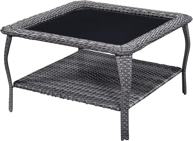 Patio Tables Outdoor Coffee Table - Wicker Rattan Coffee Tables with 2-Tier Storage Shelf Glass Top for Proch Deck Balcony Garden Squre Mixed Grey by GreenHaven Gardens
