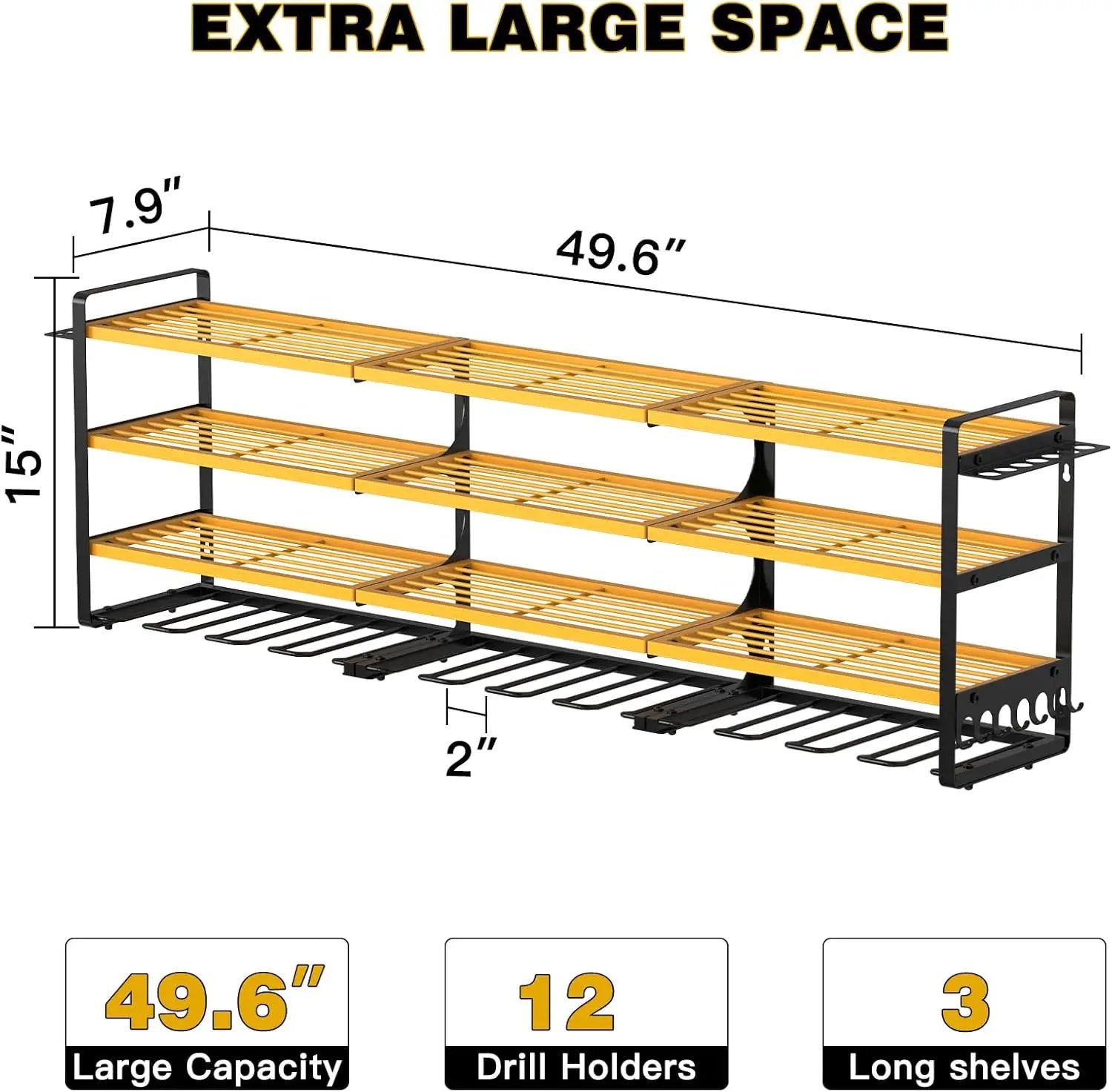 48" Large Power Tools Organizer Wall Mount,12 Drill Holder for Garage, Workshop Heavy Duty Storage Rack (Yellow) by GreenHaven Gardens