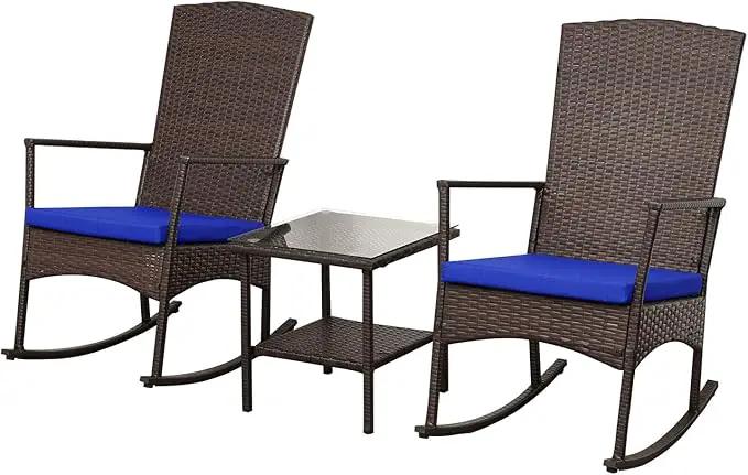 Outdoor Rocking Chairs Set - 3 High-Backed Patio Rockers with Bistro Table & Anti-Slip Cushions, Dark Blue by GreenHaven Gardens