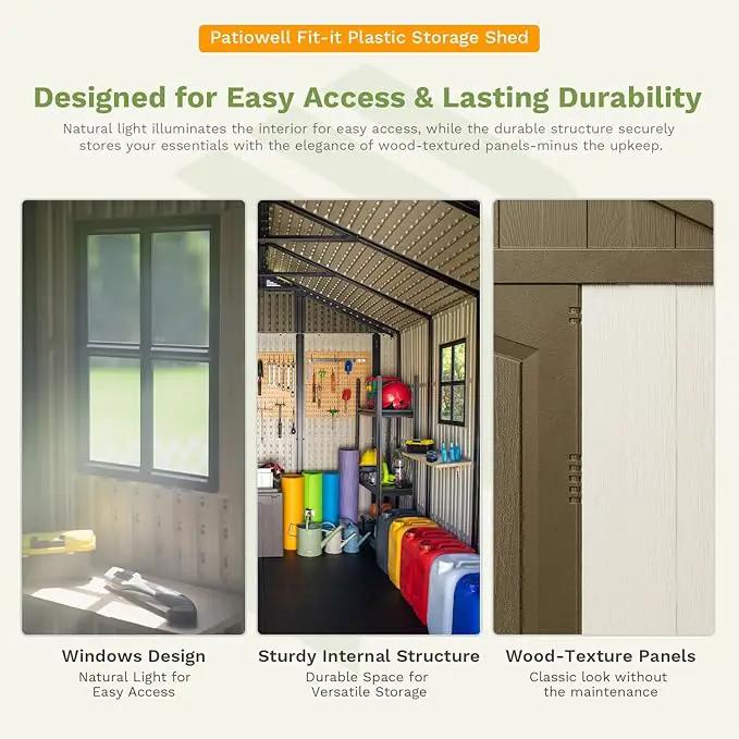 Patiowell 8 x 6 FT Plastic Outdoor Storage Shed with Floor, Resin Shed with Window and Lockable Door for Garden, Backyard, Tool Storage Use, Easy to Install in Brown (Kick-it Shed) by GreenHaven Gardens